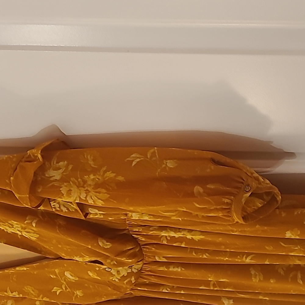 Ruffle-Sleeve Floral Button-Front Dress in Tonal Botanical Gold Yellow Size 2 - Picture 11 of 15